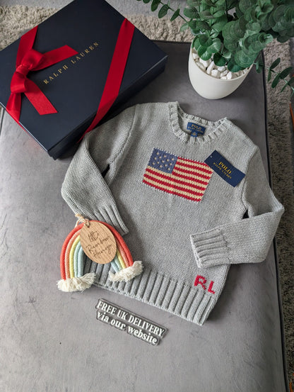 New Polo Ralph Lauren Grey Smart American flag jumper age UK 4-5yr USA Boys Gift