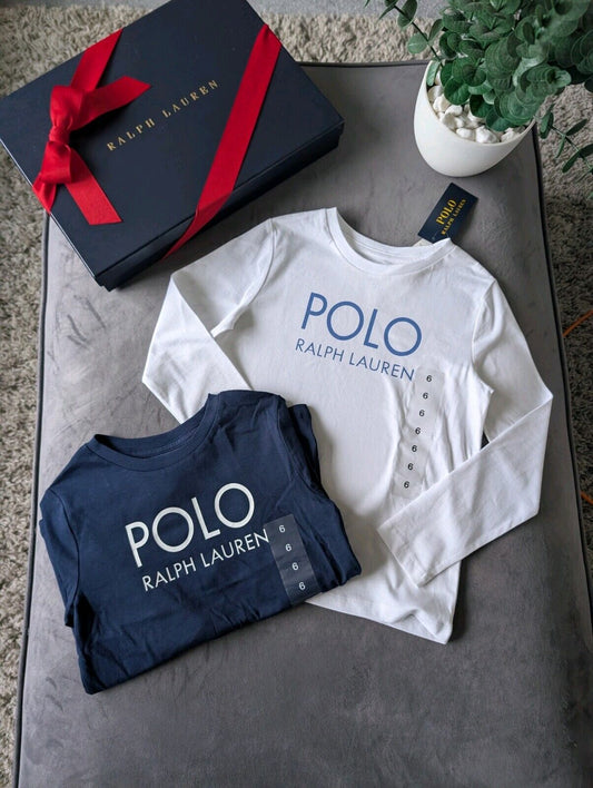 New Ralph Lauren 2 X Boys Two Pack Long Sleeve T Shirts White Navy Age 6 Gift