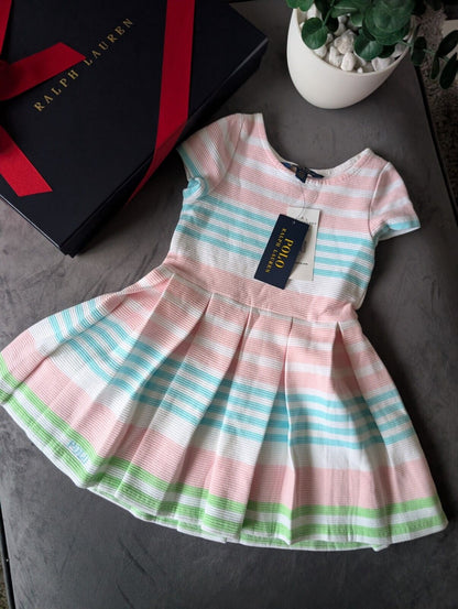 New Stunning Girls Ralph Lauren pastel Ribbed Stripe Dress Occasion Age 3 Gift