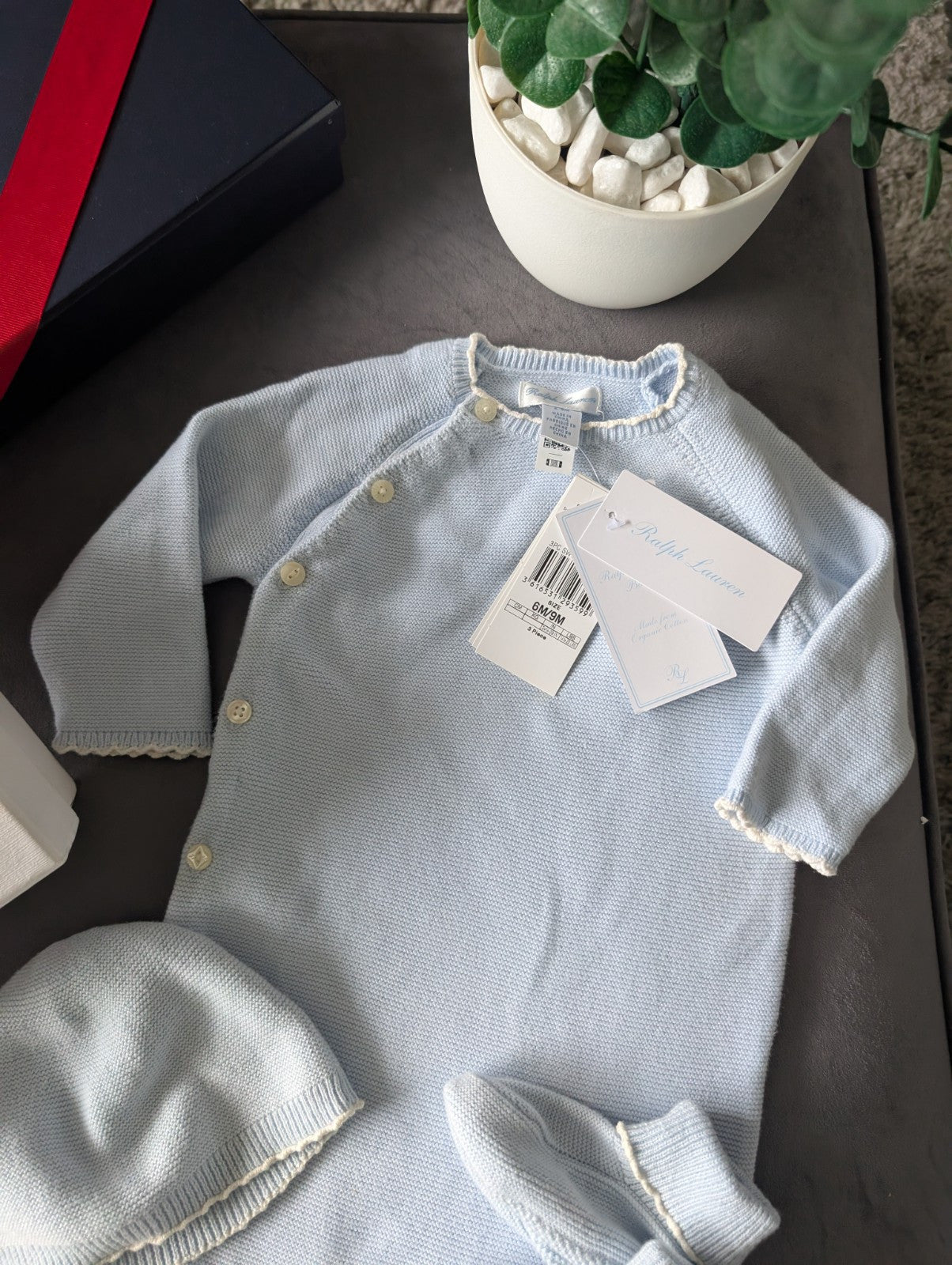 New Ralph Lauren Boys New Baby 3 Piece Gift Set Stripe  6-9 m BlueRRP £115