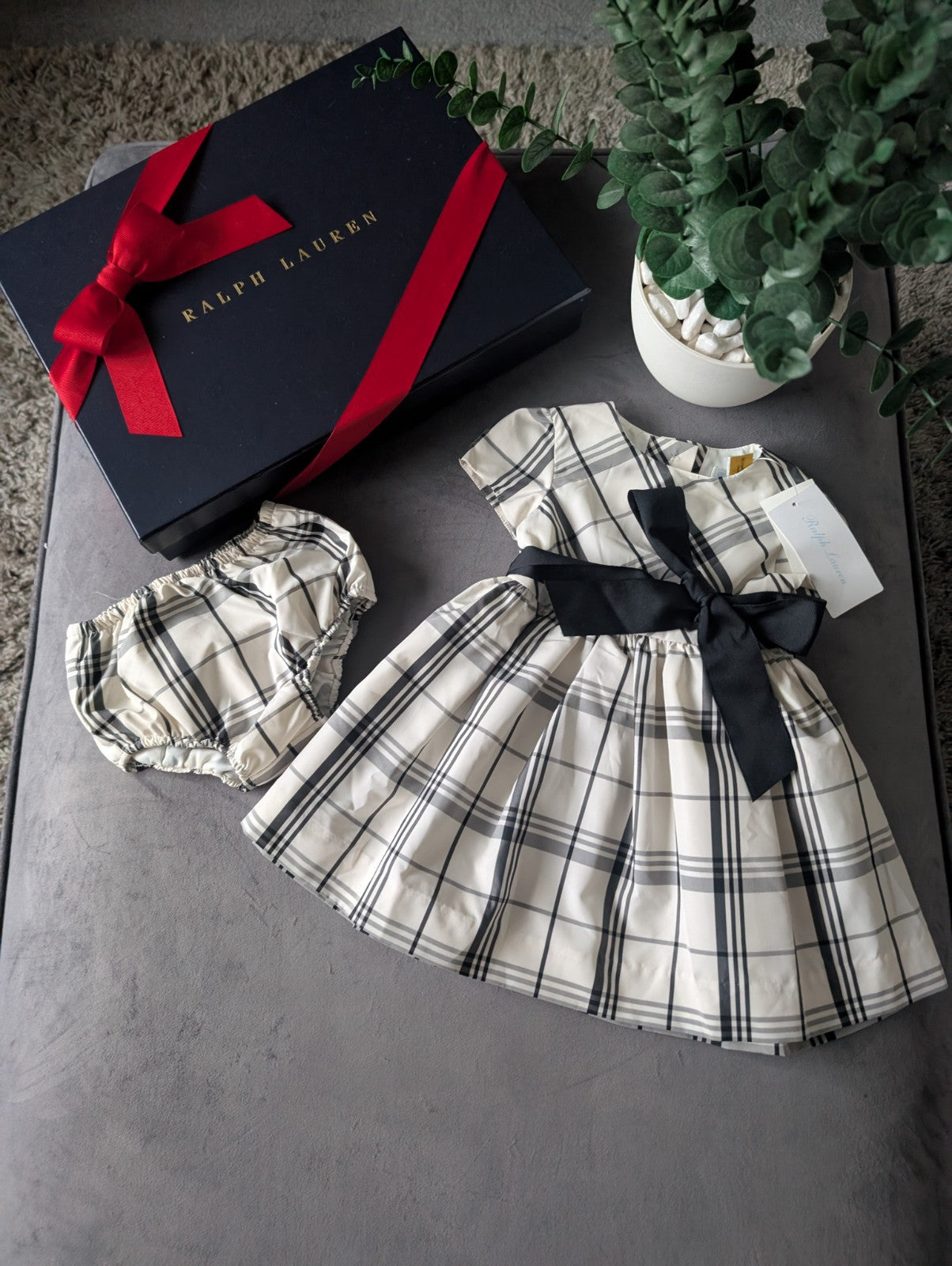 New Ralph Lauren Girls Tartan Plaid Pretty Black Vincenza Dress Ivory Gift 3-6m