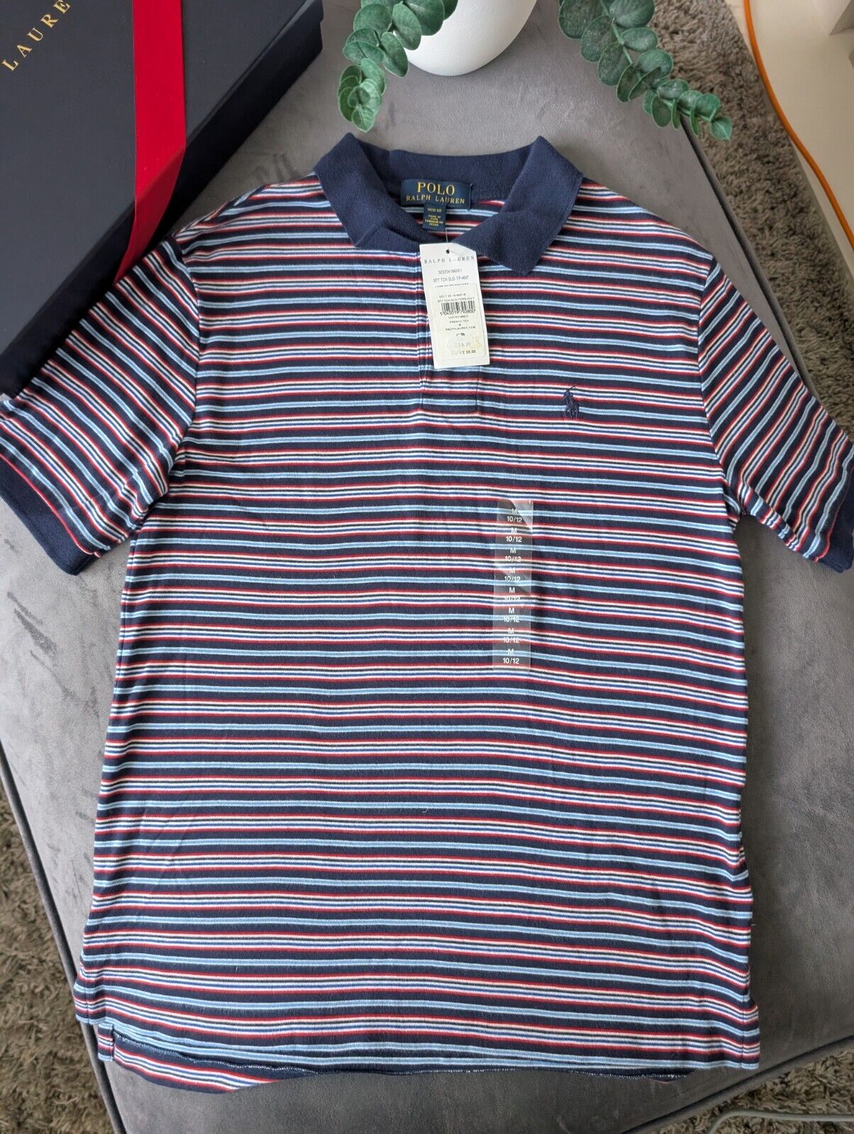 New Ralph Lauren Boys Navy Blue Stripe Polo T Shirt Age 10-12y  Smart Gift