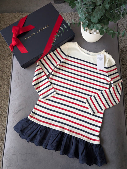 New Ralph Lauren Girls Stripe Navy Red Ivory Dress Embroidered Age 6 Thin Jumper