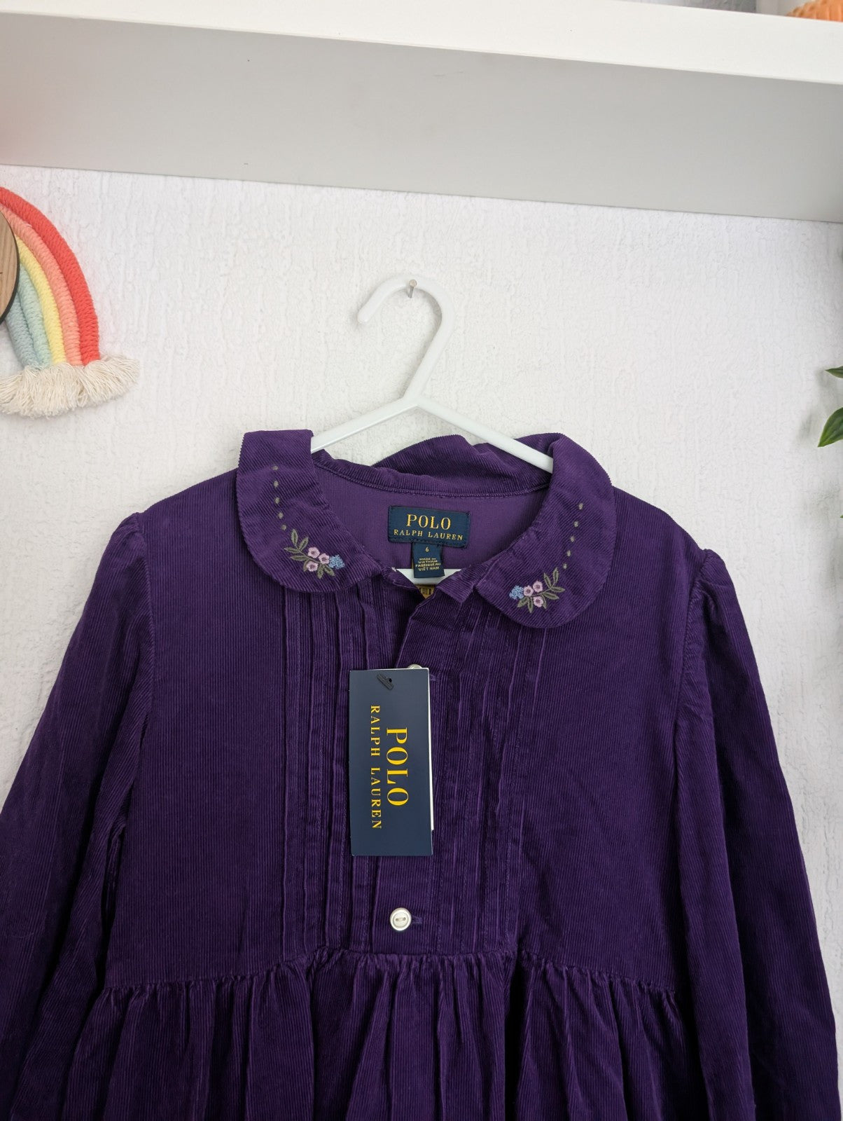 New Stunning Floral Corduroy Shirtdress Ralph Lauren Purple Tiered Smock 6y