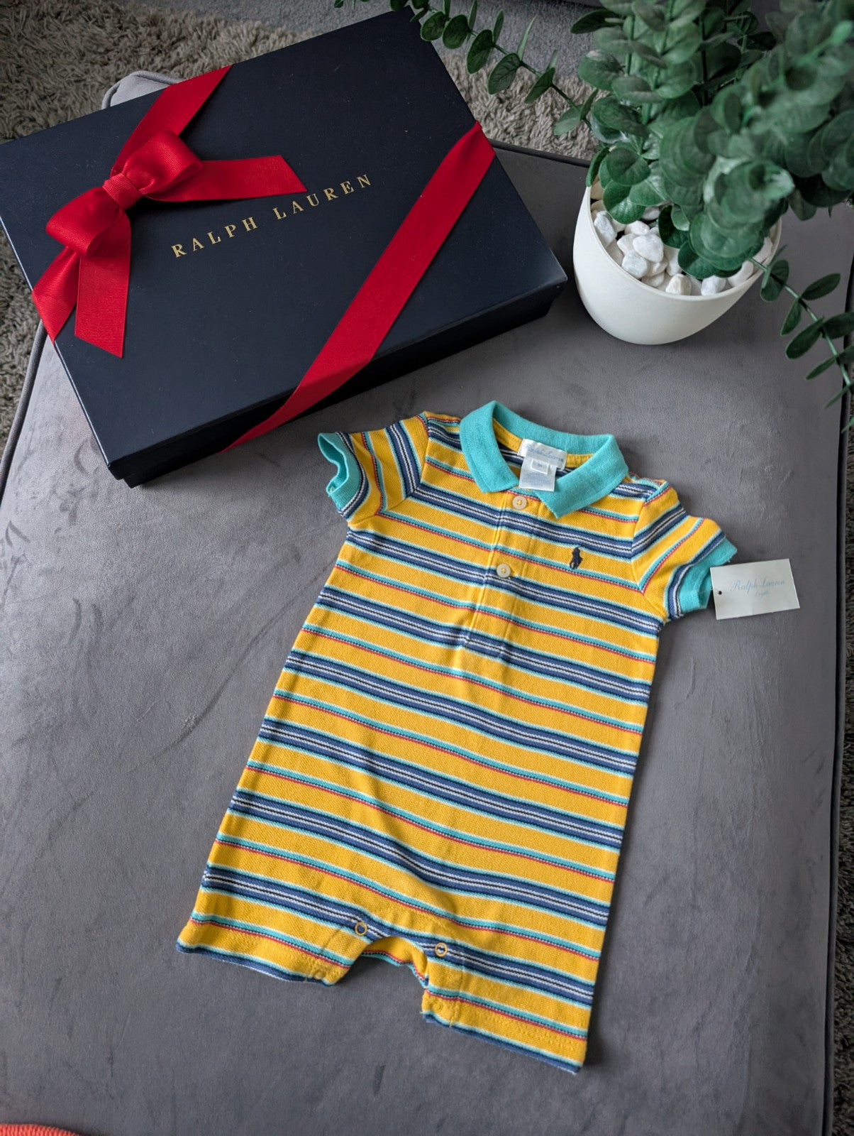 New Ralph Lauren Baby Boy Yellow Blue Smart Romper 0-3m Gift Summer Shortall