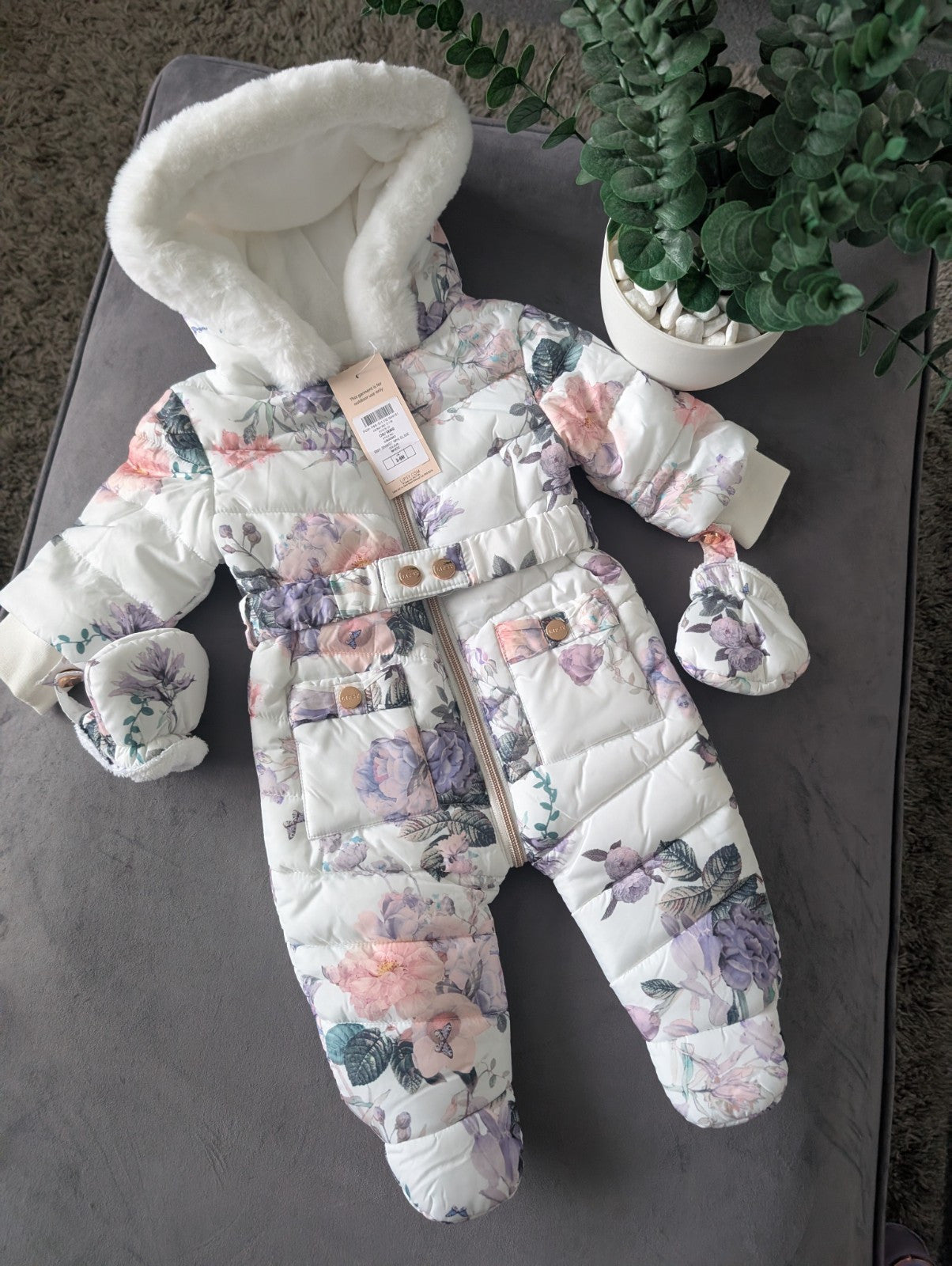 NEW Gorgeous Faux Fur Lined Soft Floral Pink Roses Lipsy Snowsuit/pramsuit 3-6m