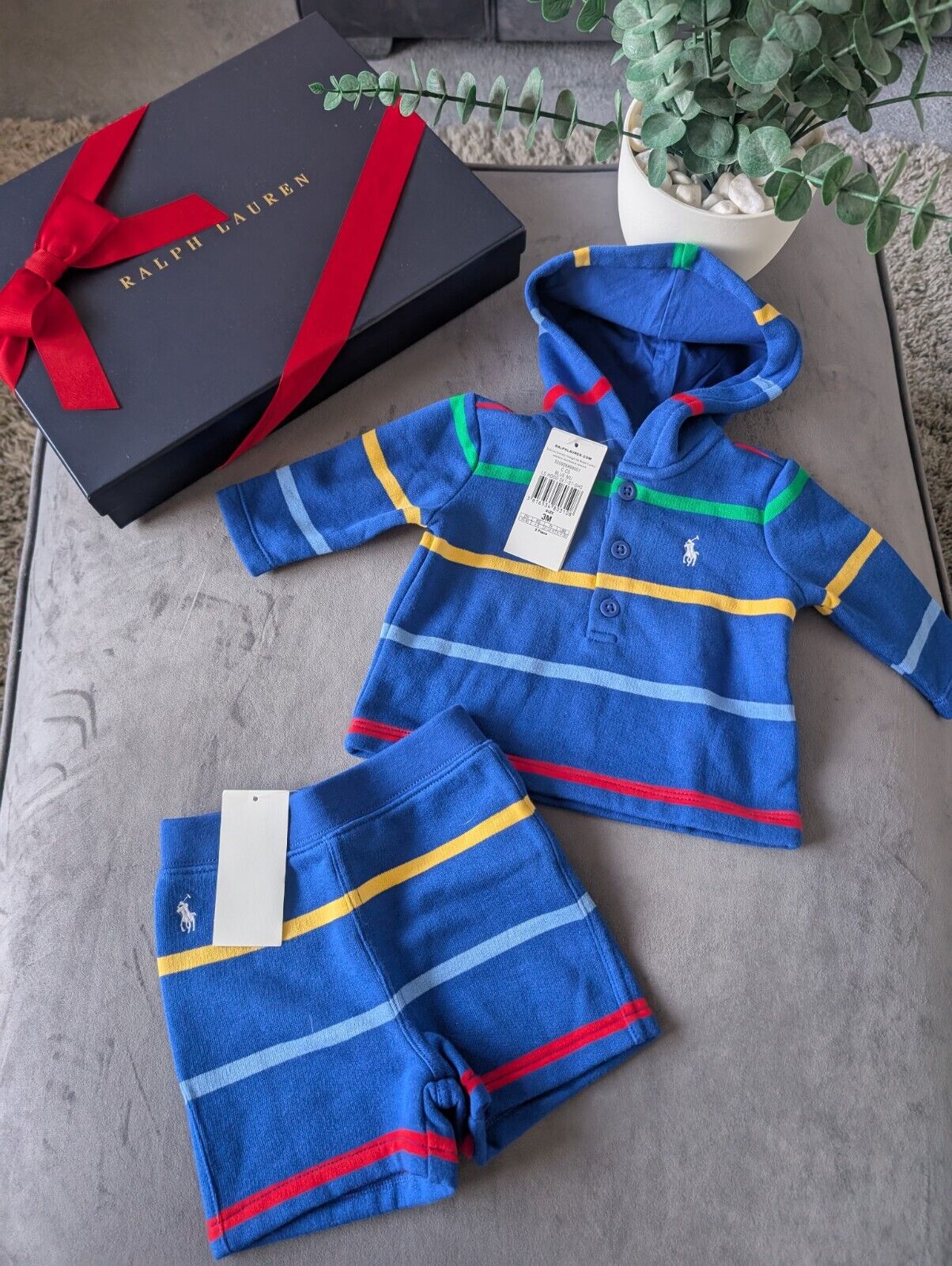 New Ralph Lauren Baby Boy Blue Short And Hoodie Set Gift Stripe Multi 0-3m Cute