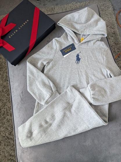 New Ralph Lauren Girls Hoodie Jumper Dress Polo Grey Logo Smart  8-10yr Gift