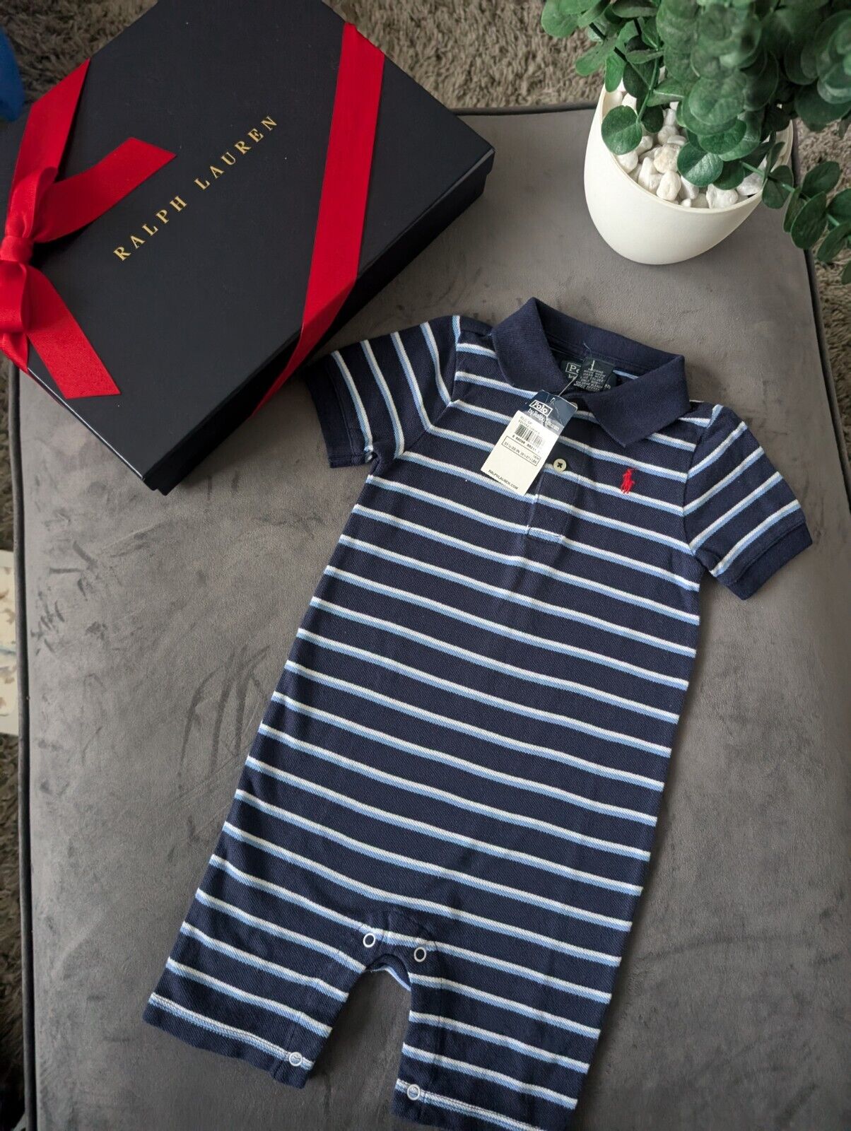 New Ralph Lauren Baby Boy Blue Navy Stripe Romper 12-18m Gift cute summer