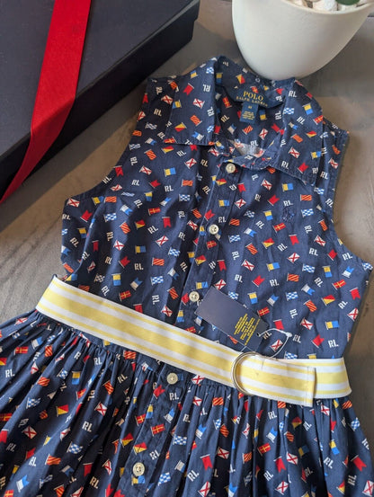 New Girls Polo Ralph Lauren Blue Sleeveless Flags Worldwide Dress Belted 6-7yrs