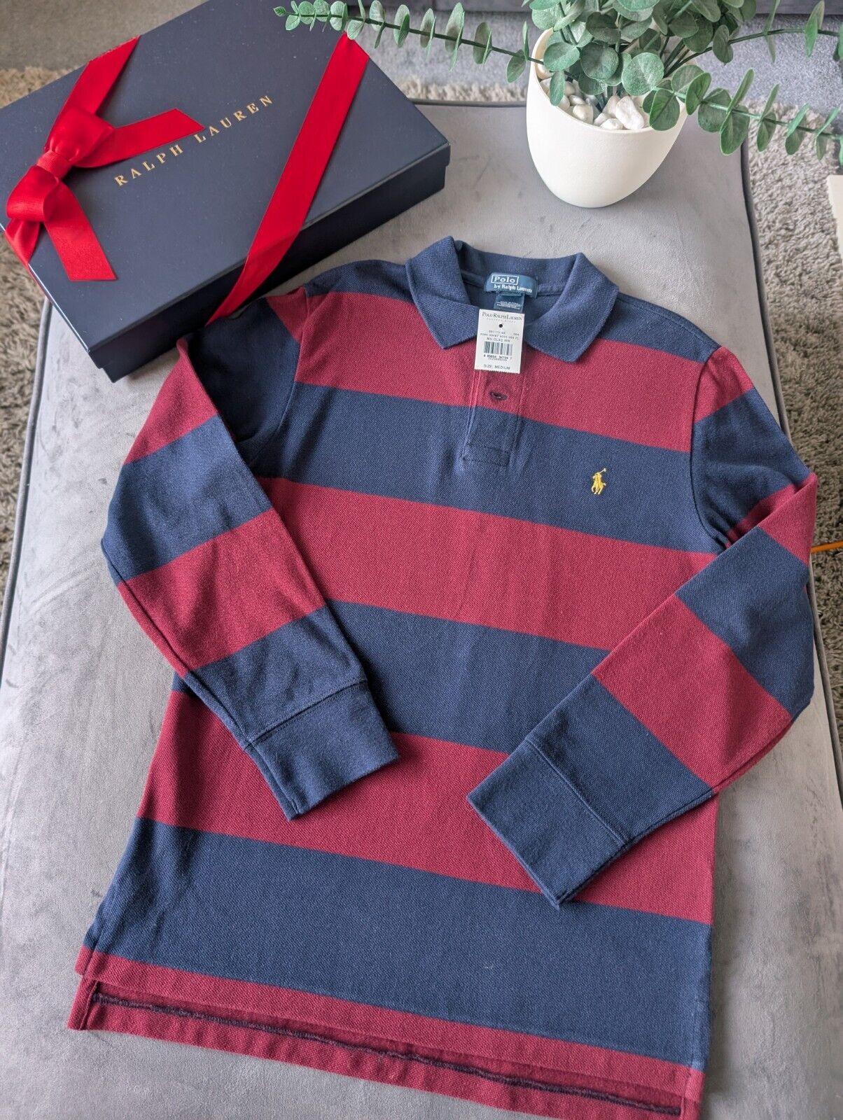 New Ralph Lauren Boys Rugby Style Stripe Long Sleeve Polo Burgundy Navy 10y Boys