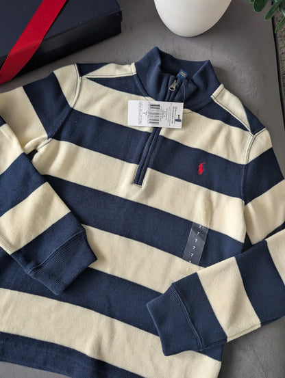 New Ralph Lauren boys Navy 1/4 zip knit jacket Navy Cream Stripe Smart Boys 6-7y