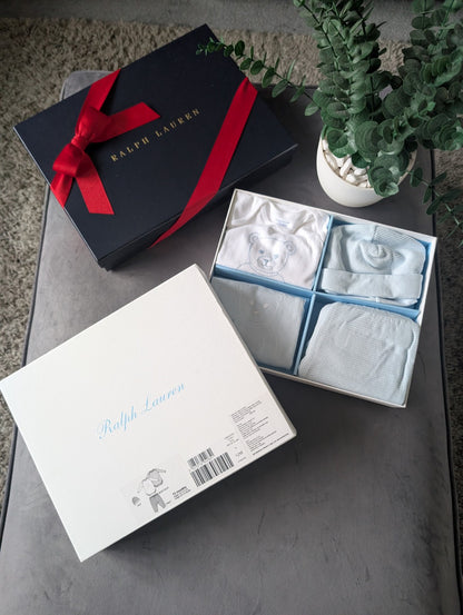 New Baby Boy Ralph Lauren 4 Pcs Gift Set Bear  9-12 Baby Blue Gift £109 Gorgeous