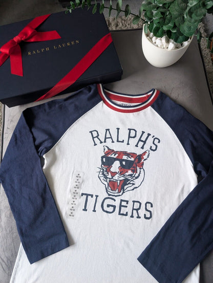 New Ralph Lauren Boys Blue Ralph Tigers Logo Ralph T Shirt Long Sleeve 10-12yrs