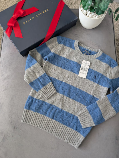 New Boys Ralph Lauren Blue Grey Stripe Cable knit jumper Cashmere Blend 6/7yr