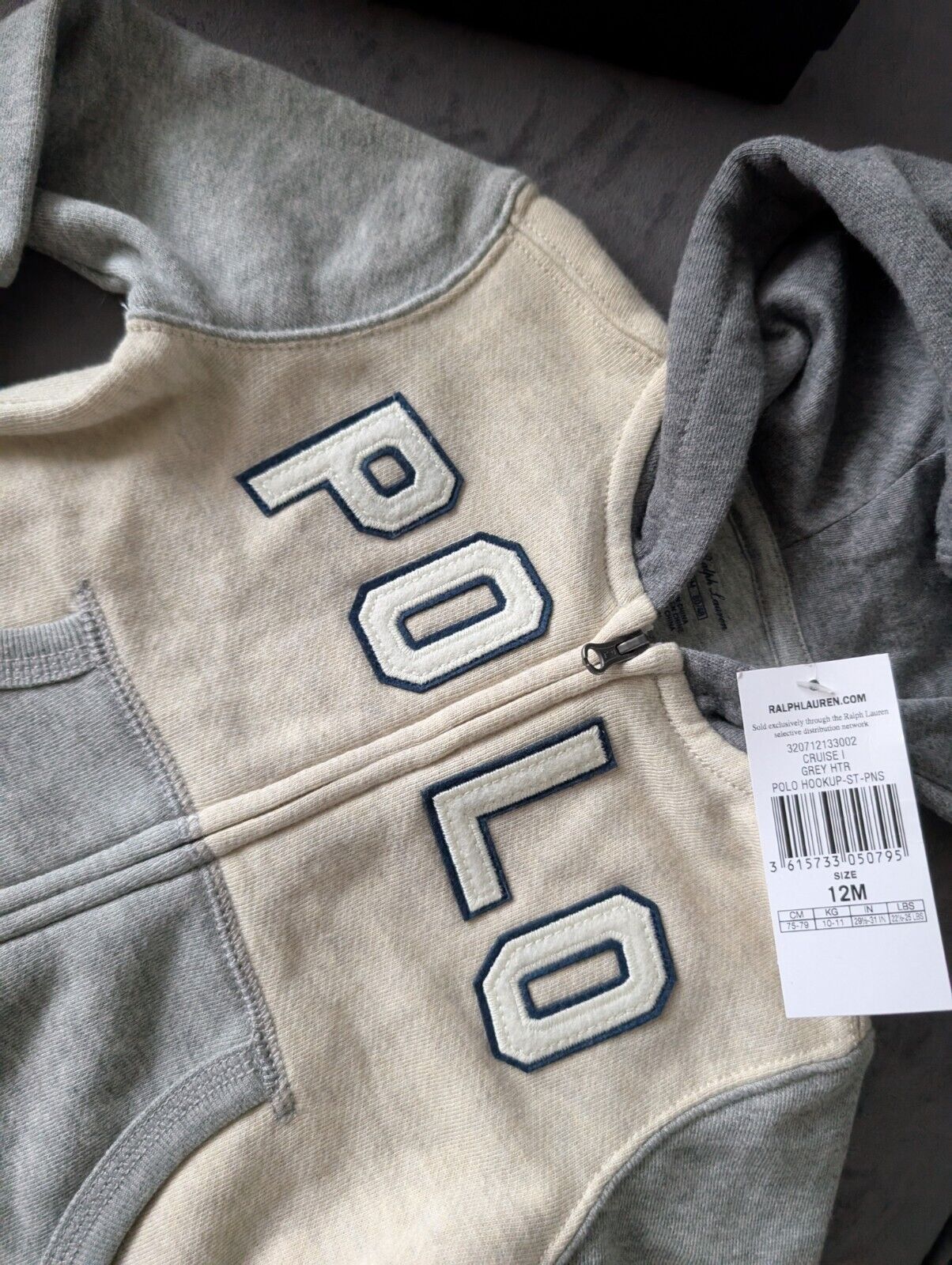 New Ralph Lauren Baby Boys Grey Ivory Hoodie Navy Multi 12m Gift Full Zip