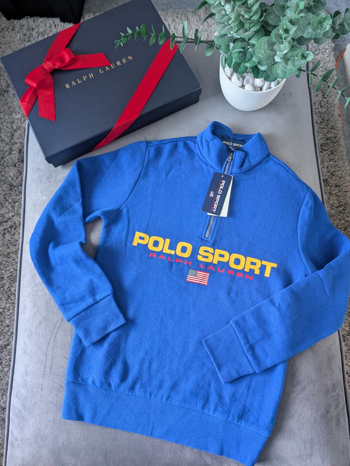 New Ralph Lauren Boys Tracksuit Top Blue 1/4 Zip Polo Sport 10-12y Gift Blue