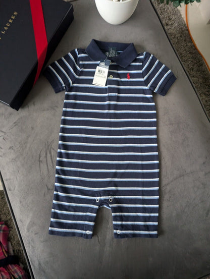 New Ralph Lauren Baby Boy Blue Navy Stripe Romper 12-18m Gift cute summer