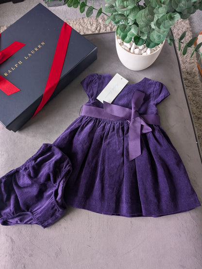 New Ralph Lauren Baby Girls Corduroy Purple Dress Belted + Bloomer Gift Cute 3-6