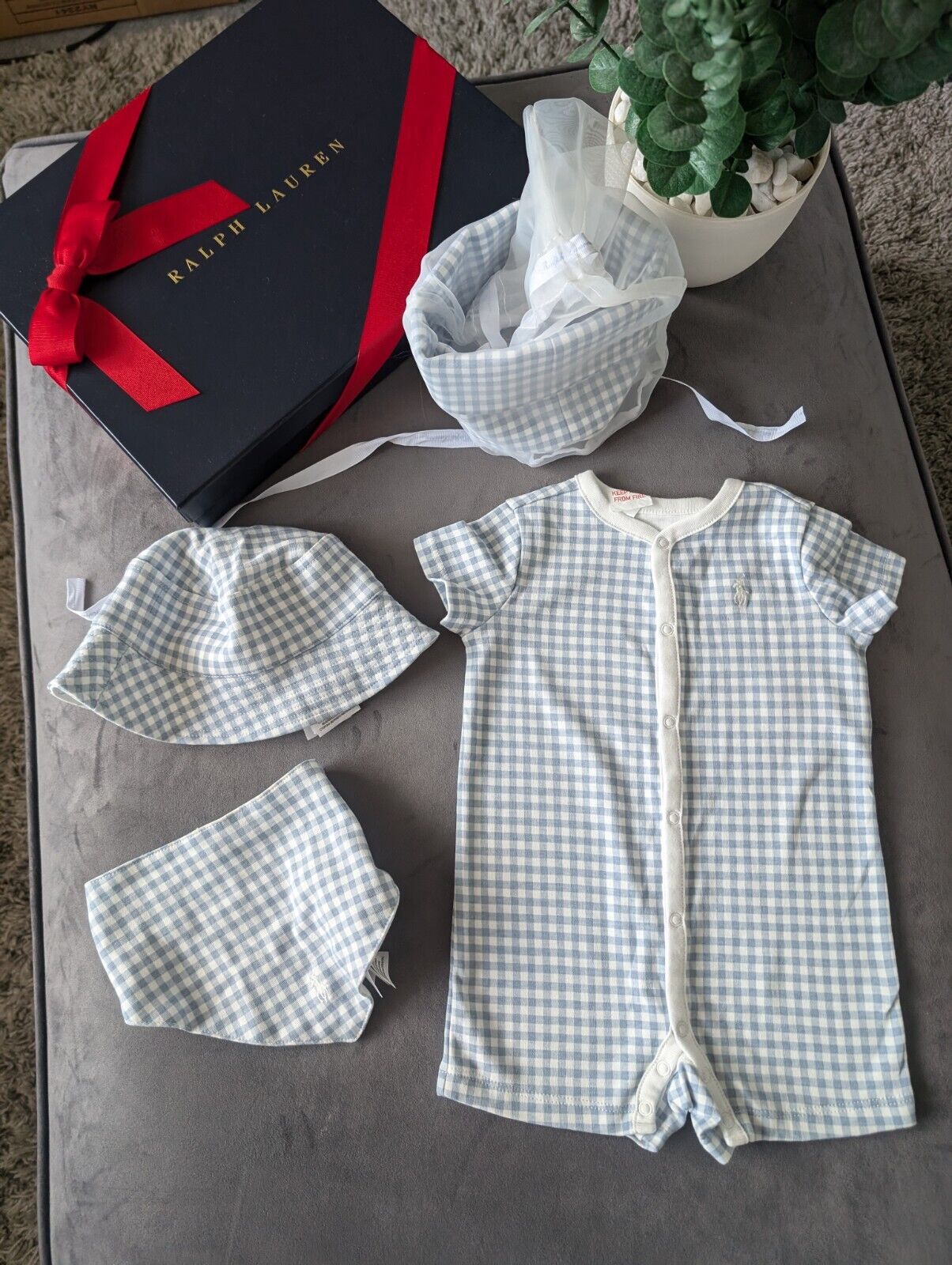 New Ralph Lauren Baby Boy Gift Set Basket Gingham Romper Hat + Bib 1-3m Newborn