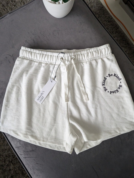 New Nobody's Child Women's Track Sweat Shorts Ivory Be Kind Embroided Size 14