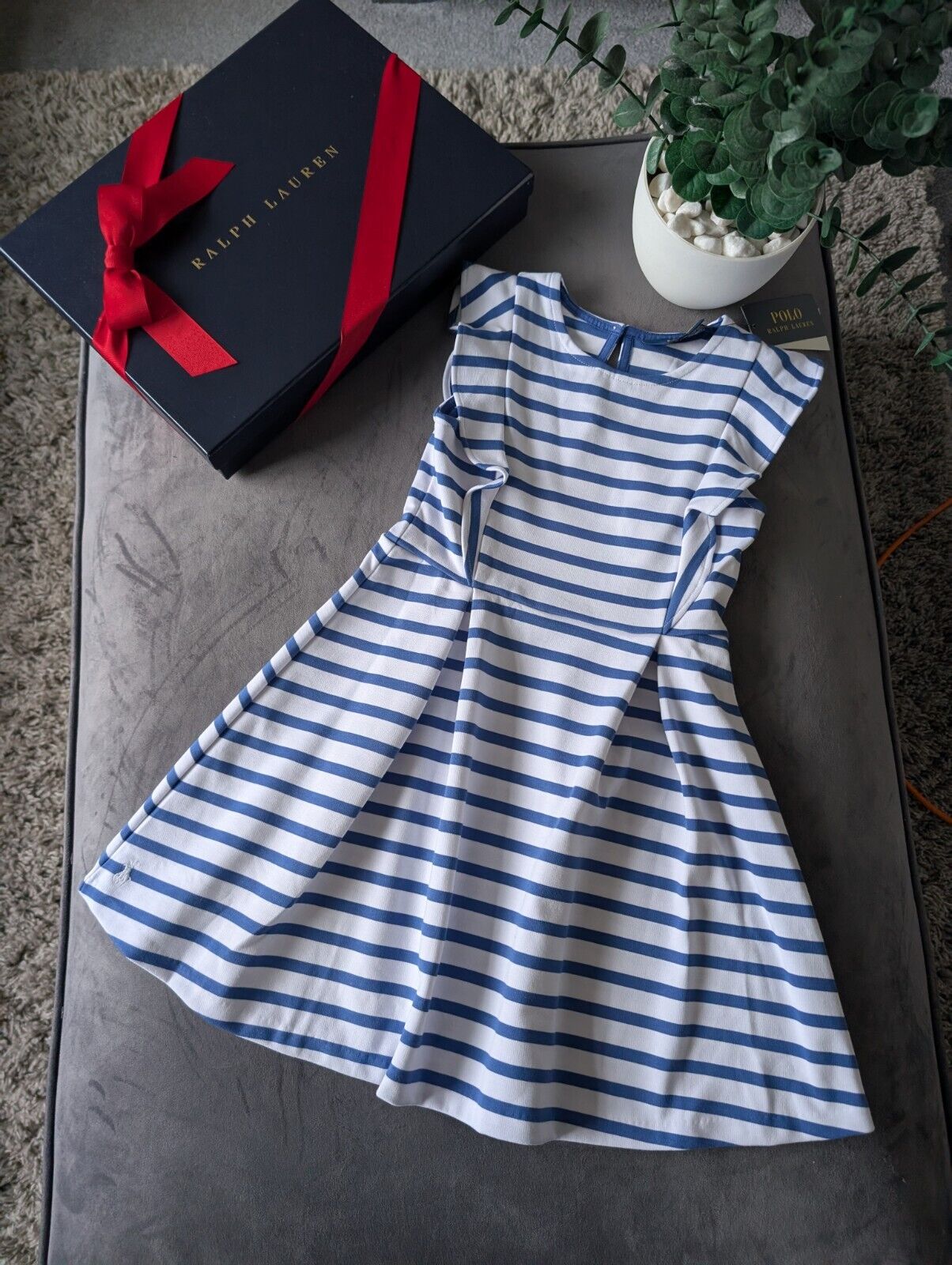 New Ralph Lauren Girls White Navy Stripe Polo Frill Stripe Ribbed Dress Gift 6yr