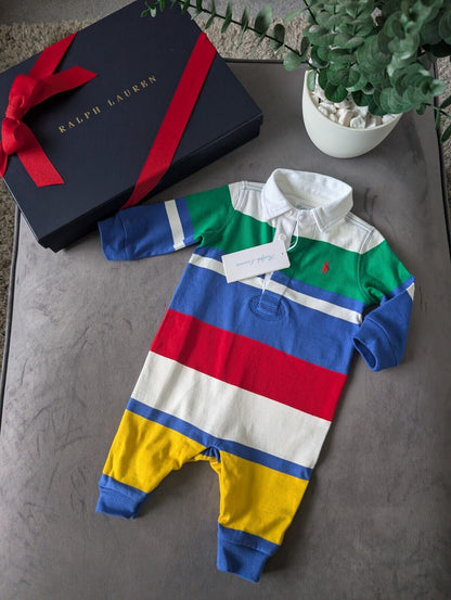 New Ralph Lauren Baby Boy Rainbow Babygrow All In One Rugby Gift Cute 0-3m Cute