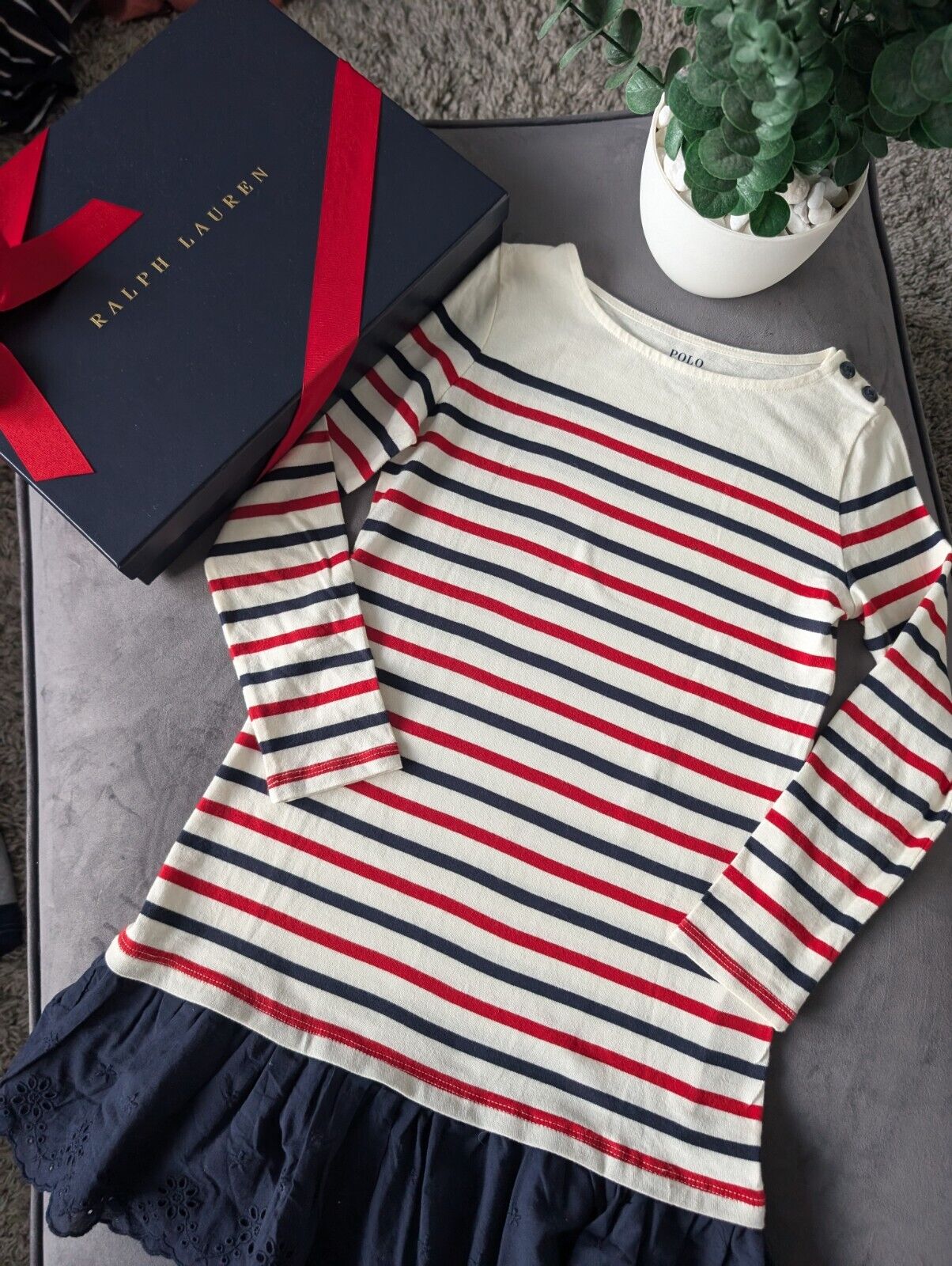 Worn Once Ralph Lauren Girls Stripe Navy Red Ivory Dress Embroidered Age 7