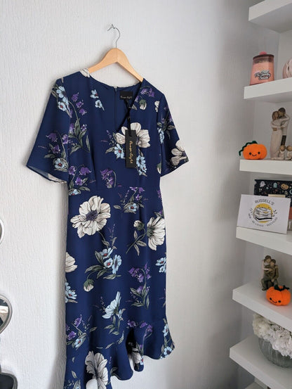 New Phase Eight Blue Cheryl Printed Short Sleeves Cocktail Midi Dress UK12  £120