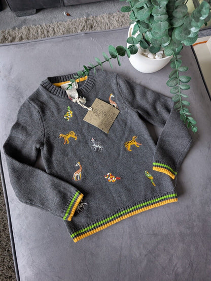 New Stunning Rorie Whelan Navy Boys Knit Jumper Lion Tiger Animal 3-4y Zoo Kids