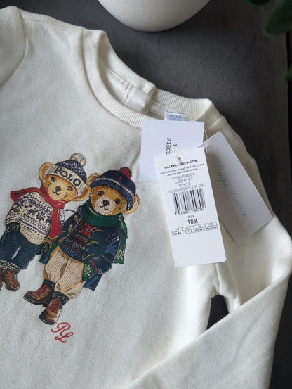 New Ralph Lauren Girls White Sweatshirt Dress Bear Duo Pretty Flare Gift 18mths