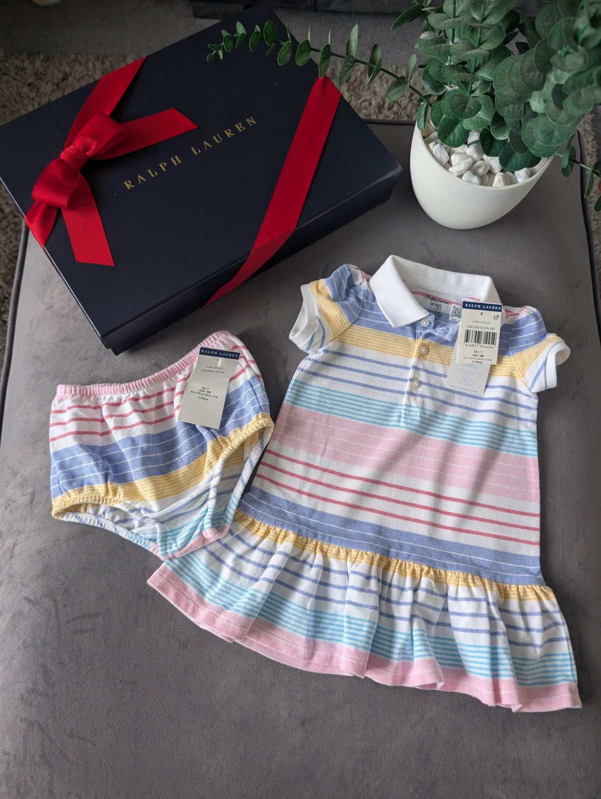 New Ralph Lauren baby girls pink white stripe frill Multi Dress gift 3-6m pretty