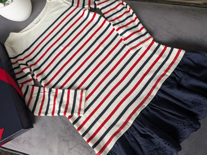 Worn Once Ralph Lauren Girls Stripe Navy Red Ivory Dress Embroidered Age 7