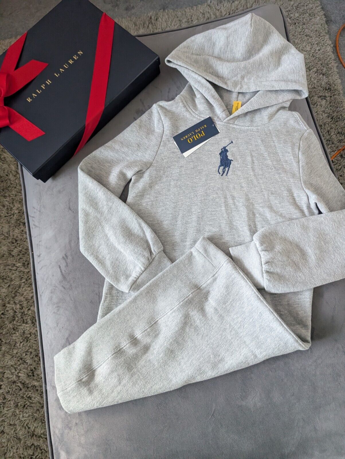 New Ralph Lauren Girls Hoodie Jumper Dress Polo Grey Logo Smart  8-10yr Gift