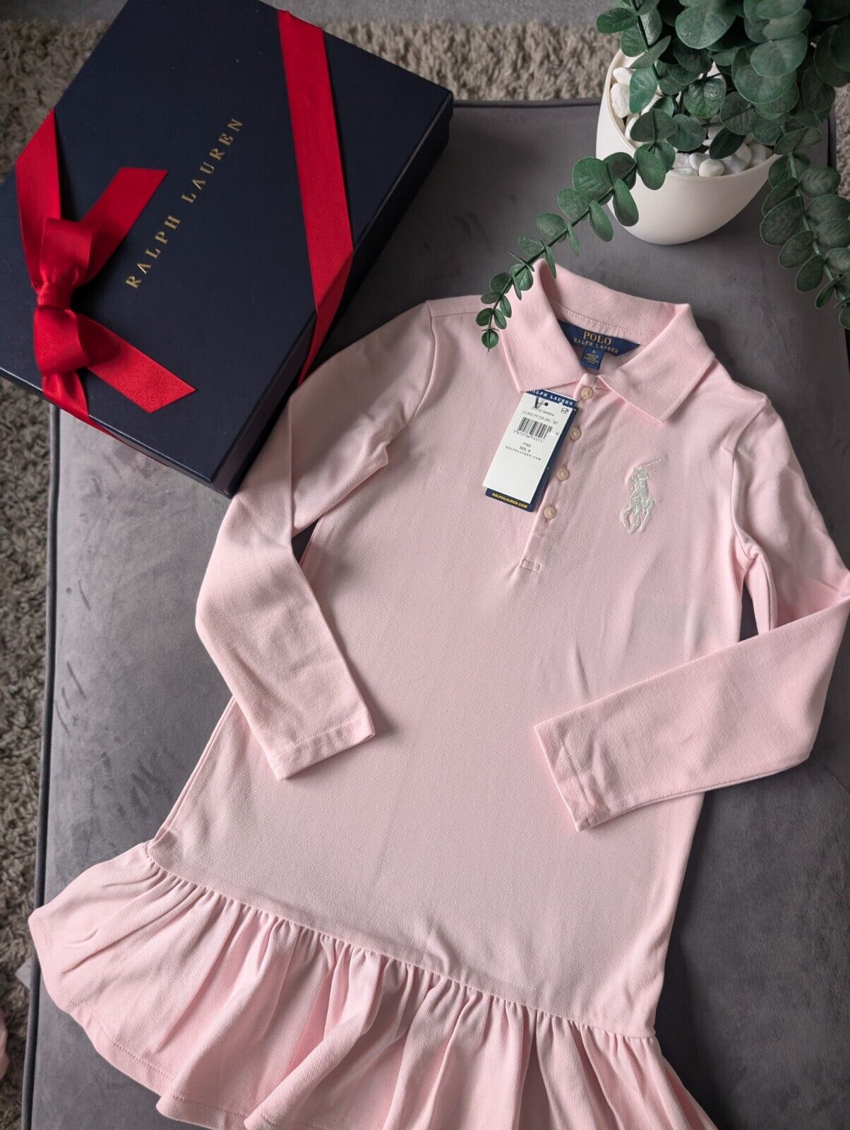 New Ralph Lauren girls Baby Pink Polo dress long sleeve frill age 6  gift