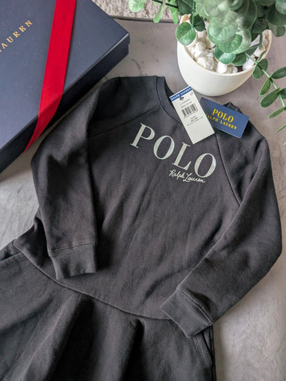 New Ralph Lauren Girls Black Polo Logo Fleece Sweater Dress Age 4 £95 Gift Smart