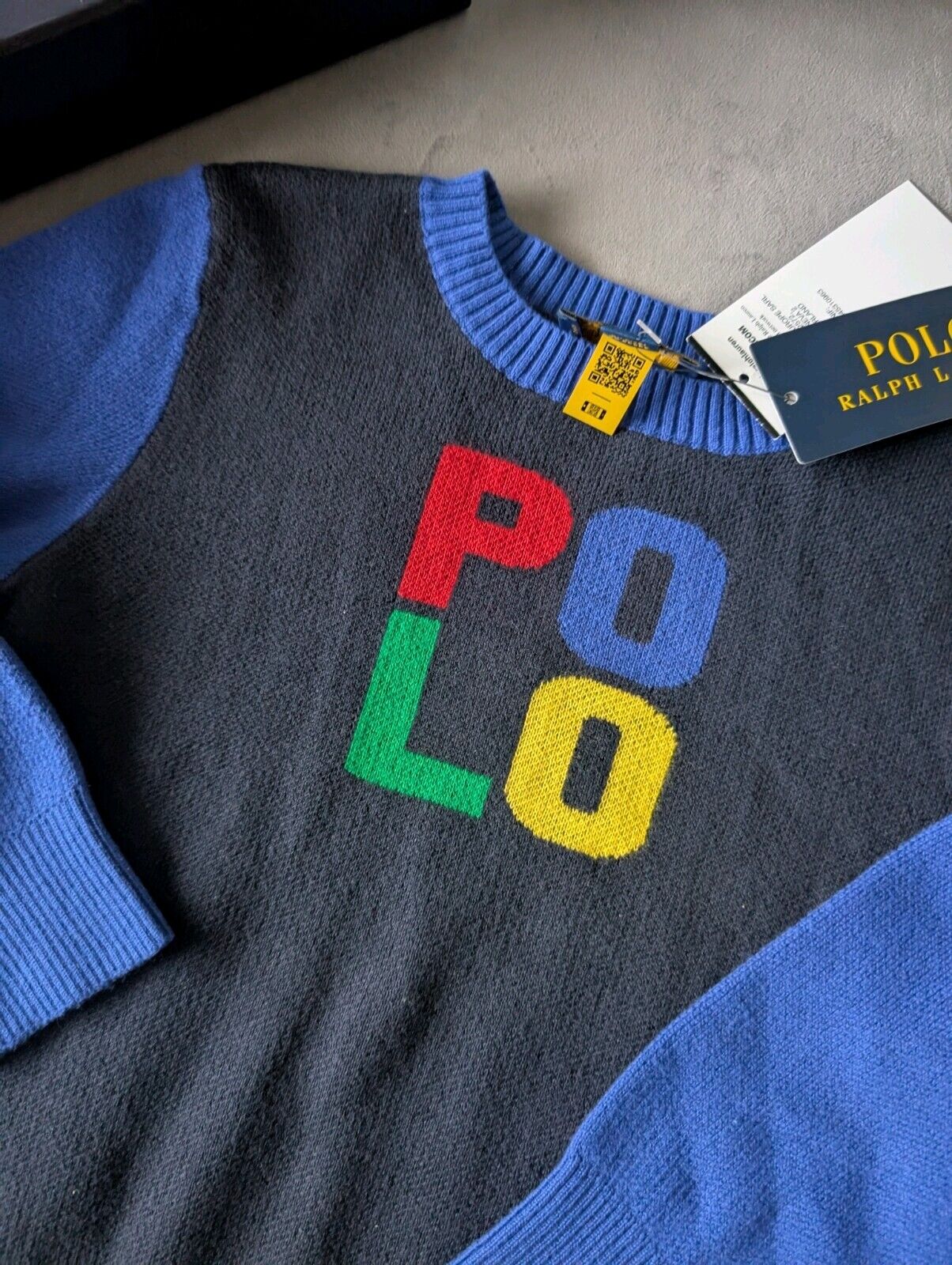 New Ralph Lauren Boys Colour Block Fine Knit Jumper Polo Logo Blue Gift 2-3y