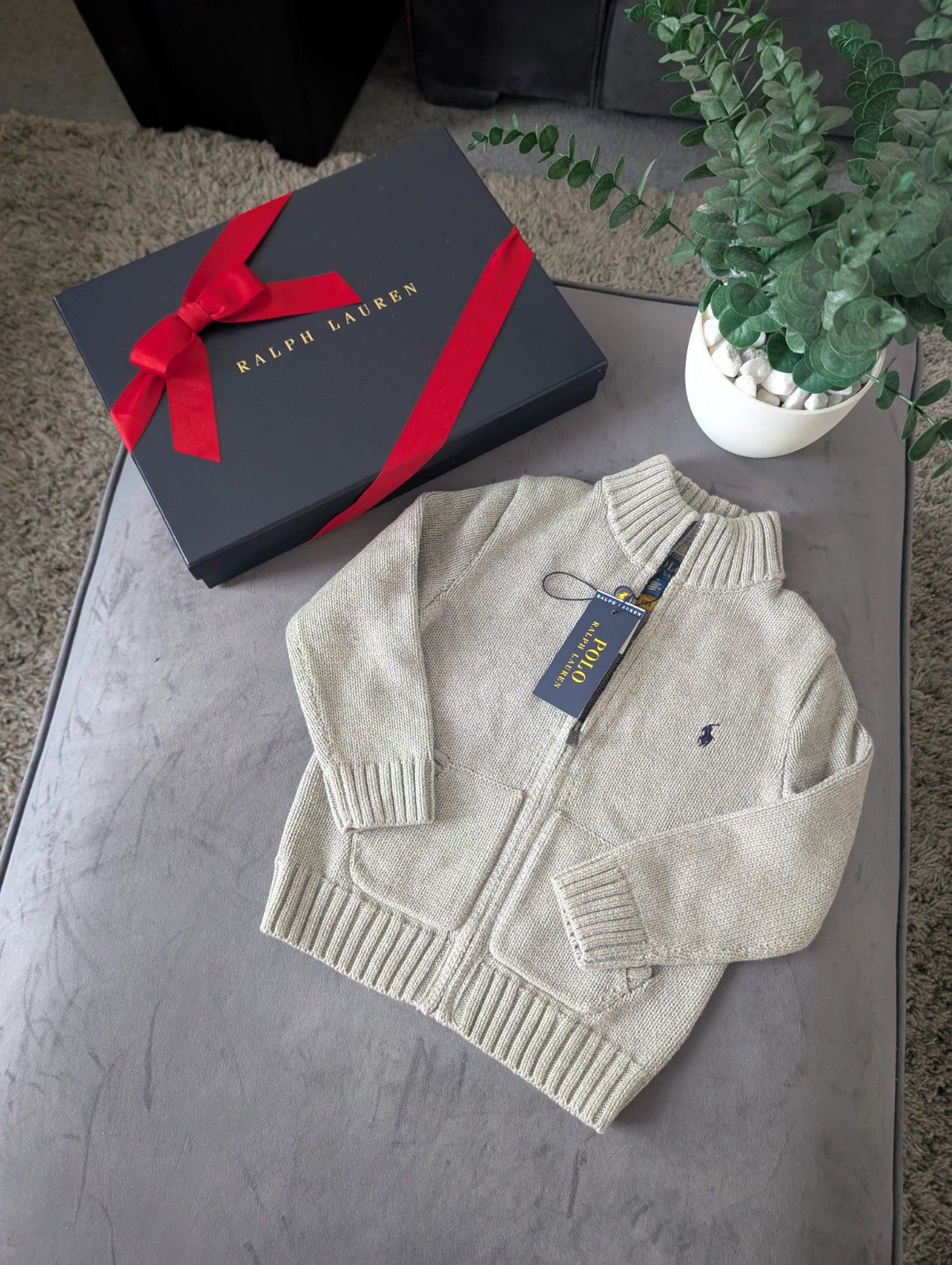 New 2024 Season Ralph Lauren boys smart Grey Full zip Grey knit jumper 3-4y Gift