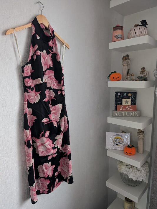 New Karen Millen Rose Print Halterneck Dress In Black/ Pink Size UK 12 Occasion