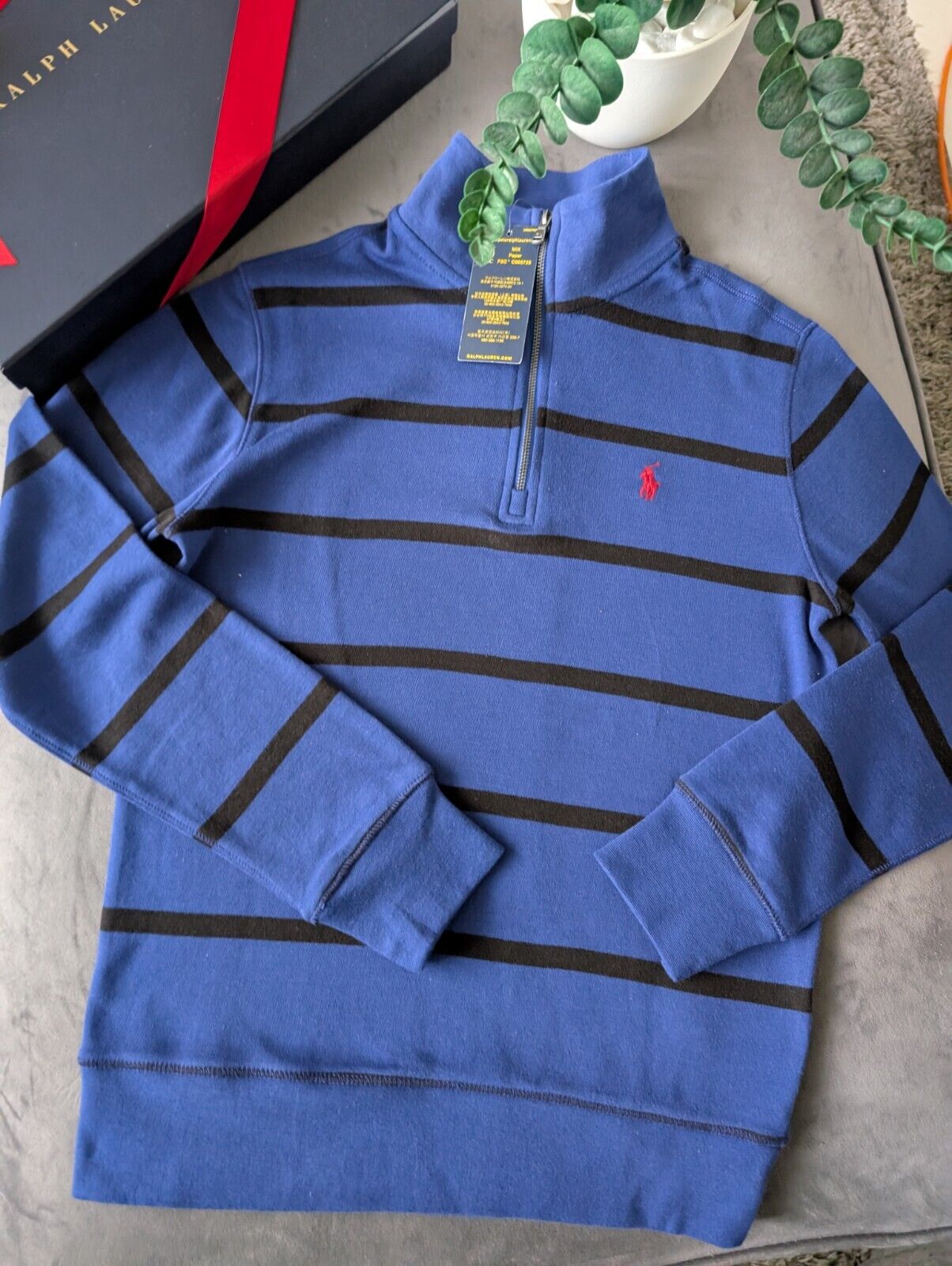 New Ralph Lauren Boys Navy  3/4 Zip Knit Blue Stripe Top Top Jumper 10-12y