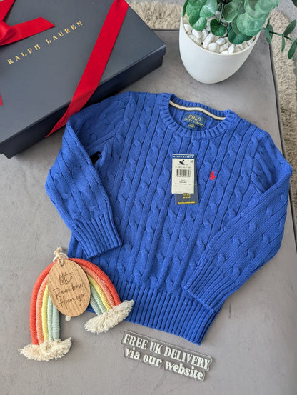 New Boys Ralph Lauren Blue cable knit long sleeve jumper Smart Age 3/4yrs Gift