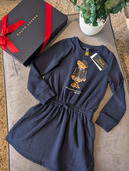 New Ralph Lauren Girls Navy Sweatshirt Dress Bear Lady Pretty Gift 6yrs casual