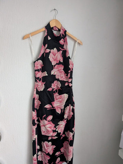 New Karen Millen Rose Print Halterneck Dress In Black/ Pink Size UK 12 Occasion