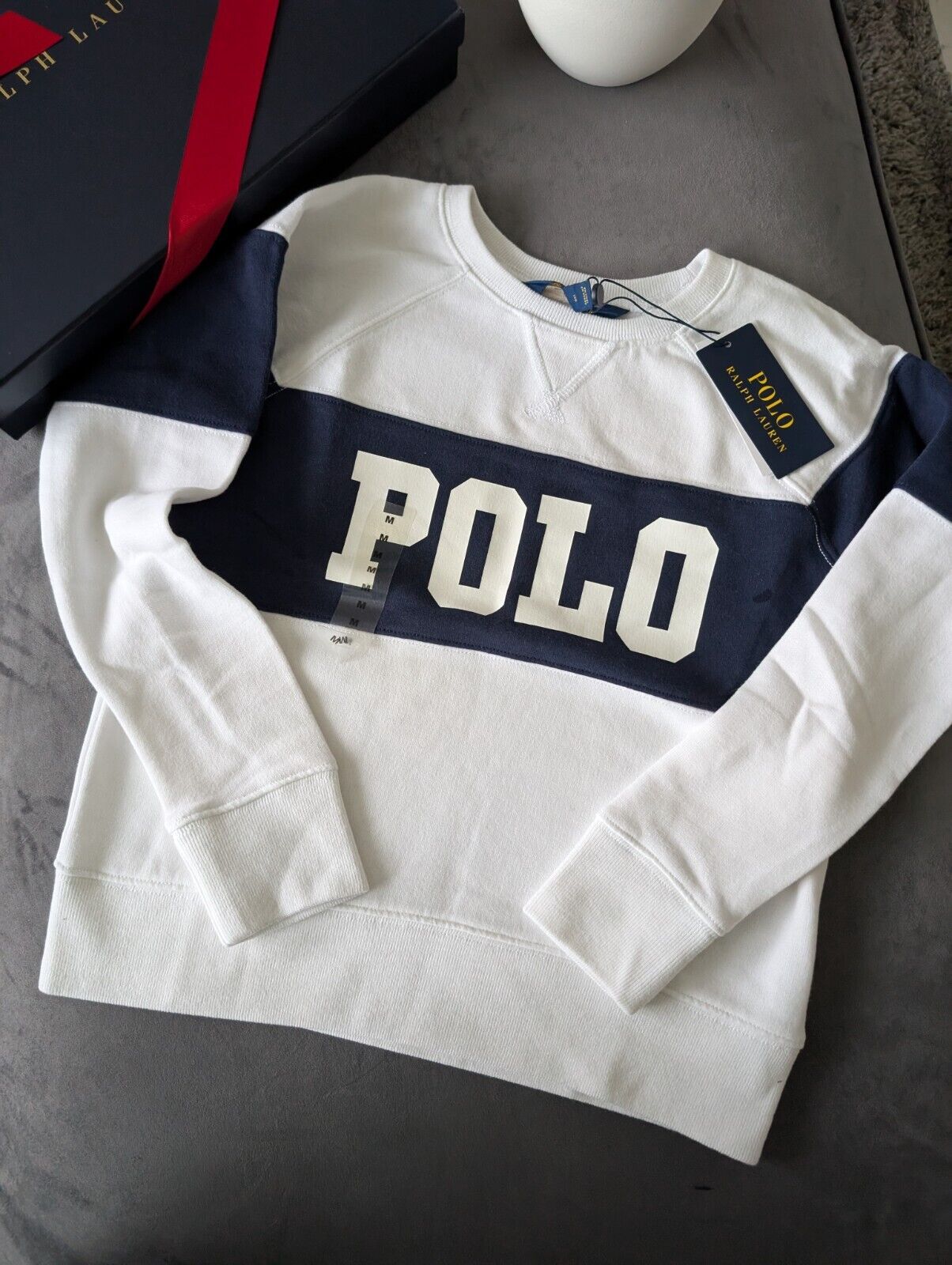 New Ralph Lauren Girls 8-10yrs Ivory  Fleece Pullover Jumper Navy White £89