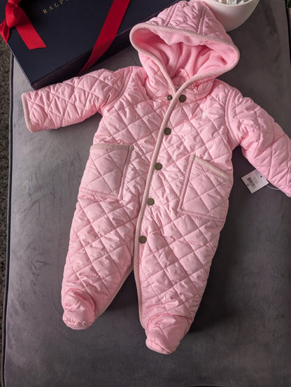 New ralph lauren Baby Pink quilted fleece lined pram suit snowsuit 0-3m Gift