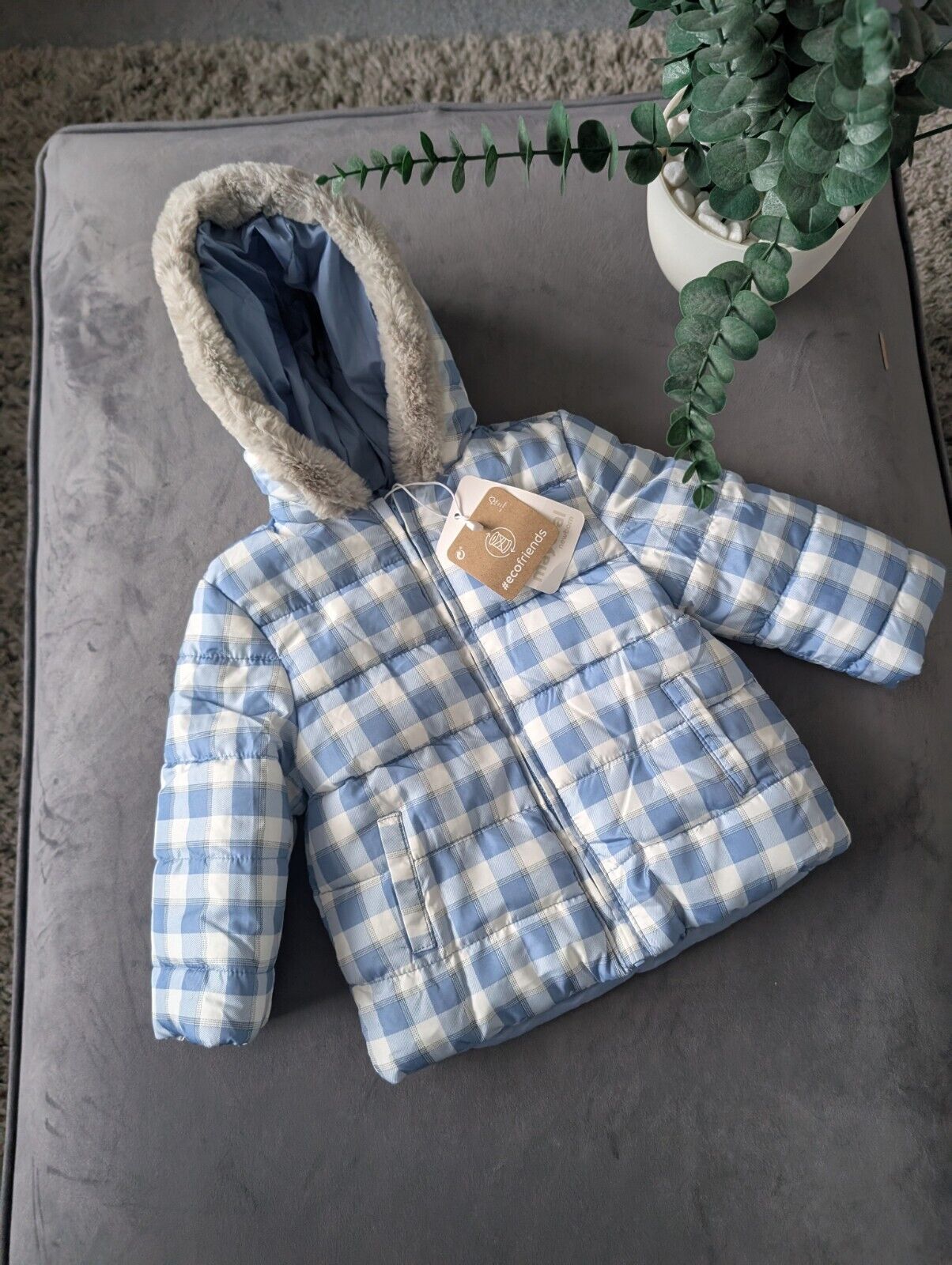 New Baby Mayoral Padded Winter Coat Age 6/9mth Blue Check Fur Trim Hood Gift