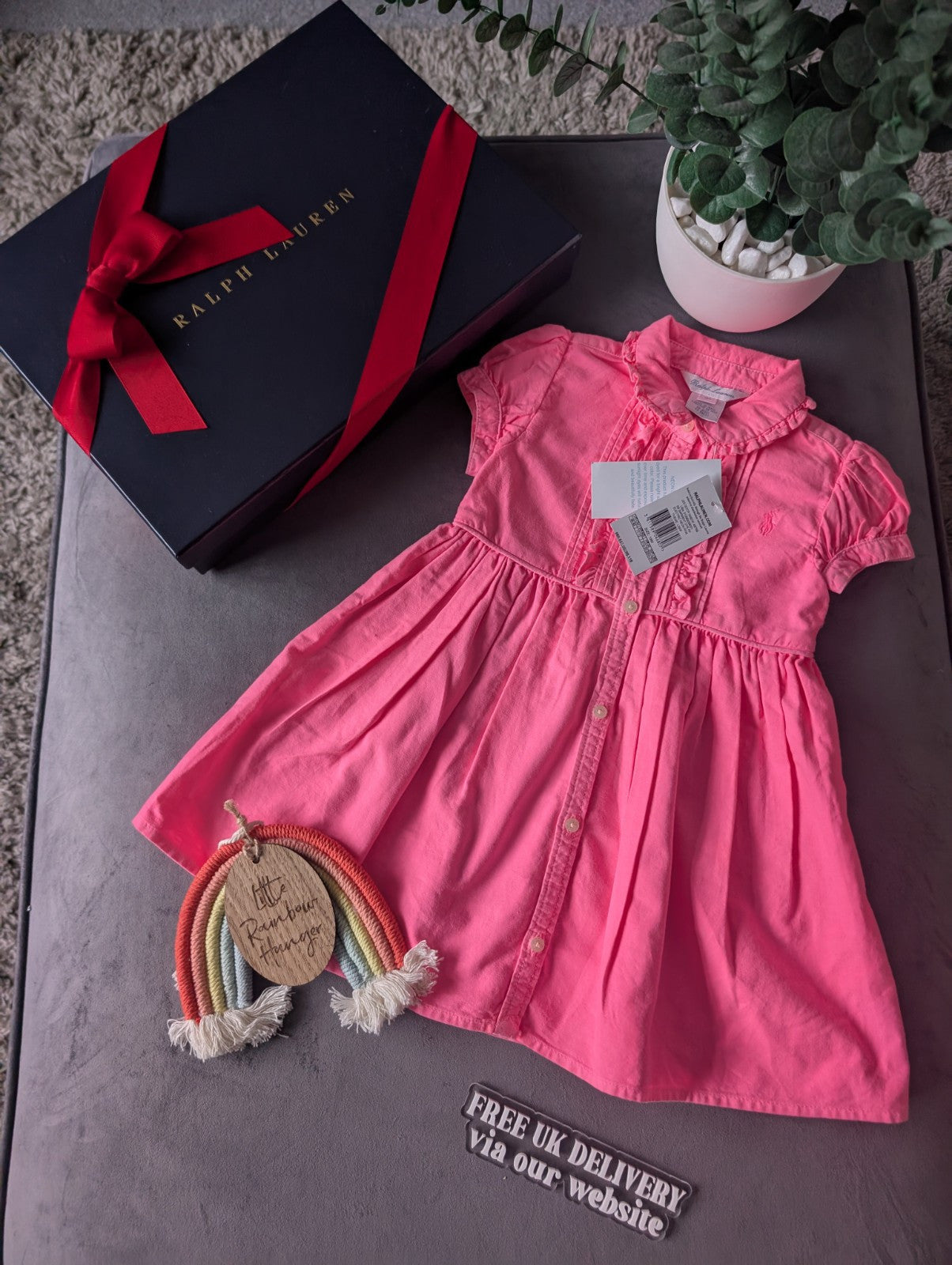 New Girls Polo Ralph Lauren Gorgeous Plain  Dress Oxford Neon Pink 12-18m Smart