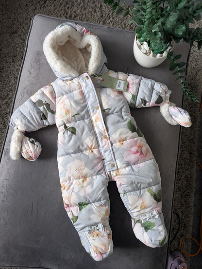 new Baby Girls Ted Baker Fluffy Pink Snowsuit 3-6 Months Zip Up Mittens Faux Fur