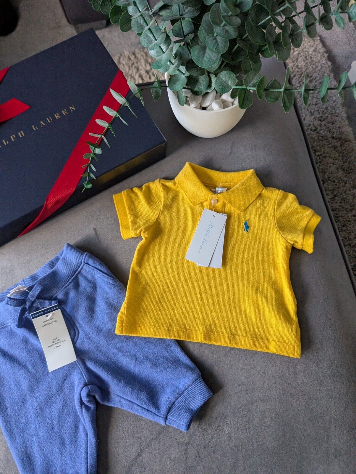 New adorable Ralph Lauren boys Yellow Polo Shirt + blue Jogger set 0-3m Cute