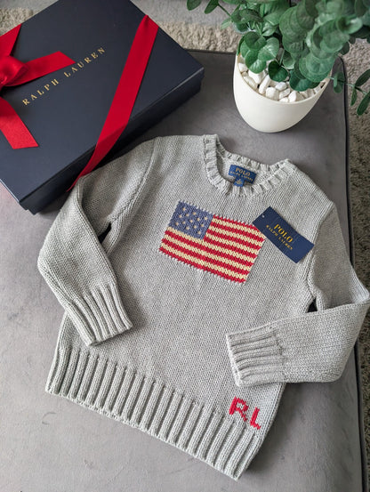 New Polo Ralph Lauren Grey Smart American flag jumper age UK 4-5yr USA Boys Gift